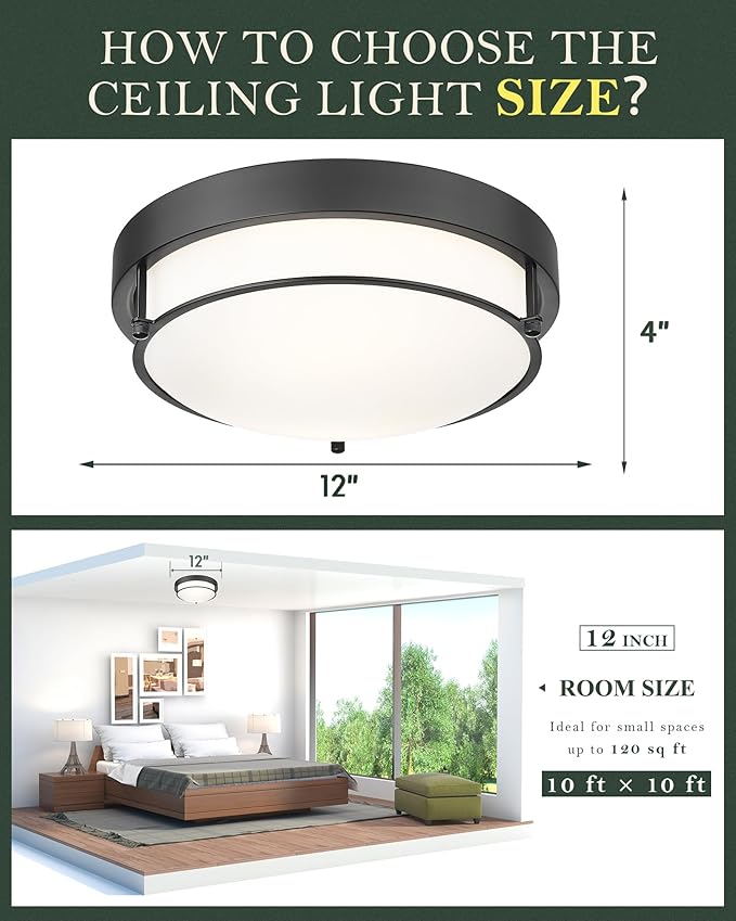 12-Inch Flush Mount Ceiling Light, Modern Farmhouse Style with Frosted Glass Shade, Matte Black, Ideal for Living Room, Bedroom, or Dining Room – Model CKCL4822-2W-BK