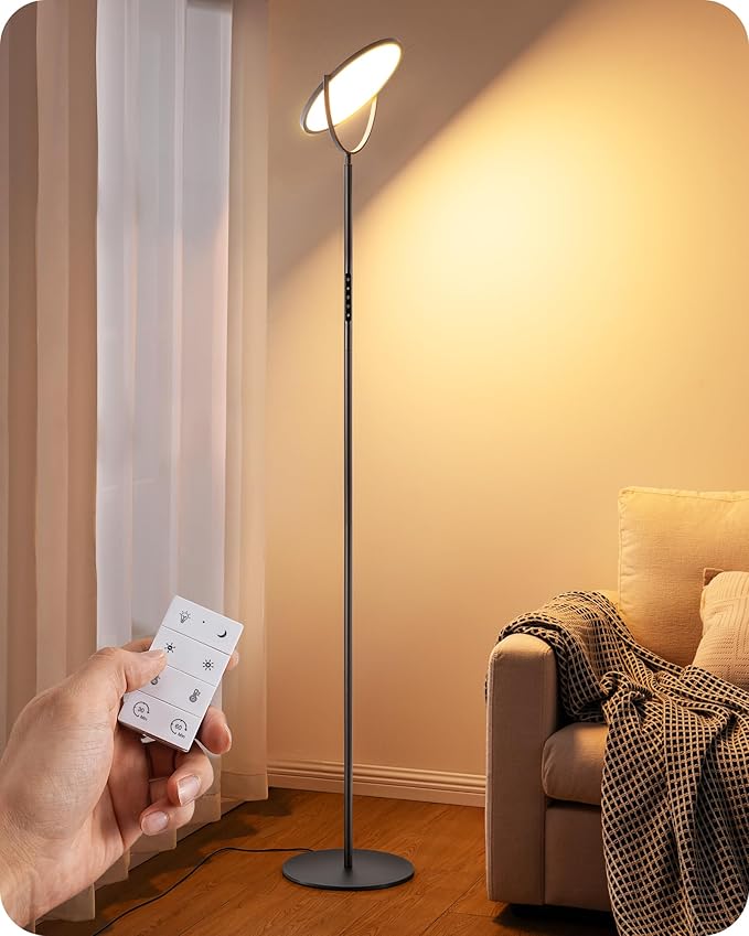EDISHINE 76" Tall Floor Lamp, 28W 2500LM Bright LED Lights for Living Room, 300° Flexible Head Reading Lamps with Remote, 2700K-6500K Dimmable Minimalist Torchiere Corner Lamp for Bedroom Office Black