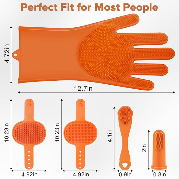 6PCS Pet Grooming Kit for Dogs,Cats and Horses | Dog Washing/Bath Gloves | Dog Bath Brush | Shampoo Brush | Pet Grooming Gloves | Dog Bath Supplies (Orange)