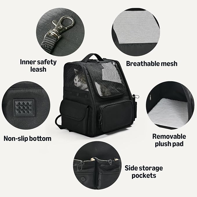 Amazon Basics Pet Backpack for Cats & Small Dogs, Collapsible Travel Carrier with Ventilated Mesh, Removable Pad, and Safety Leash, Black