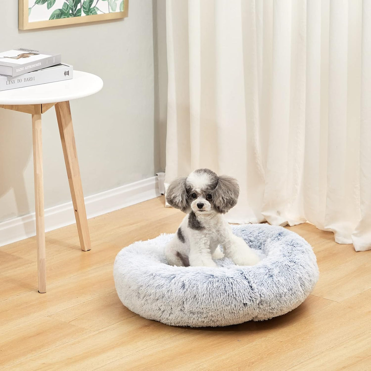 Bedfolks Calming Donut Dog Bed, 23 Inches Round Fluffy Dog Beds for Small Dogs, Machine Washable Anti-Anxiety Plush Puppy Bed（Light Blue, Small）