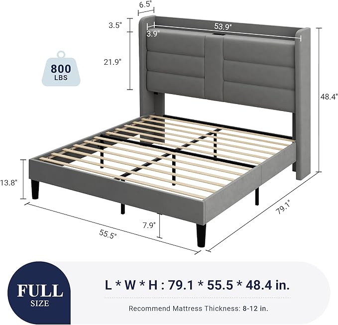 Allewie Full Size Platform Bed Frame with Charging Station & Storage Headboard, Upholstered Velvet Wingback Design & USB Port, Strong Wooden Slats Support, No Box Spring Needed, Easy Assembly, Grey