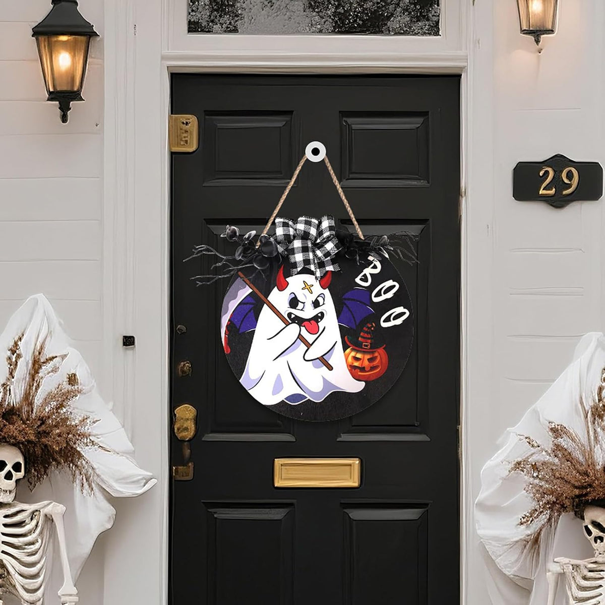 Cute Halloween Round Wooden Plaque Funny Ghost Outdoor Hanging Sign Decoration Halloween Wreaths Art for Home Wall Decor Halloween Courtyard Party Outdoor Indoor Supply Gifts