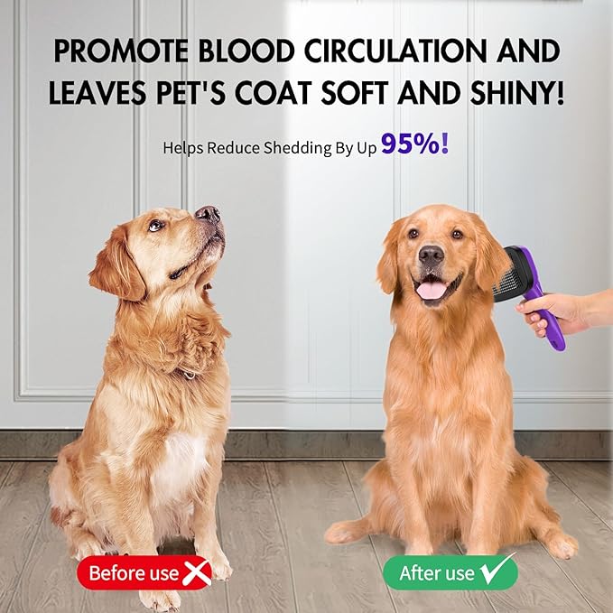 Dog Self Cleaning Slicker Brush for Shedding, Ideal for Short Long Haired Dogs, Including Cat. Removes Loose Fur, Undercoat, Mats, Tangled Hair. Suit for Large Medium Small Animal, Purple