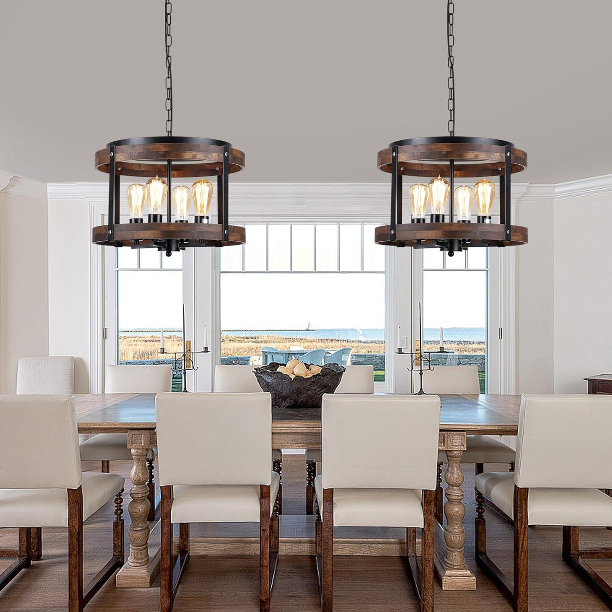 4-Light Large Rustic Farmhouse Wood Pendant Light Fixture with Adjustable Chain, 16.5 inch Oak Wood Drum Chandelier for Dining Room Kitchen Island Farmhouse Living Room Hallway, Black
