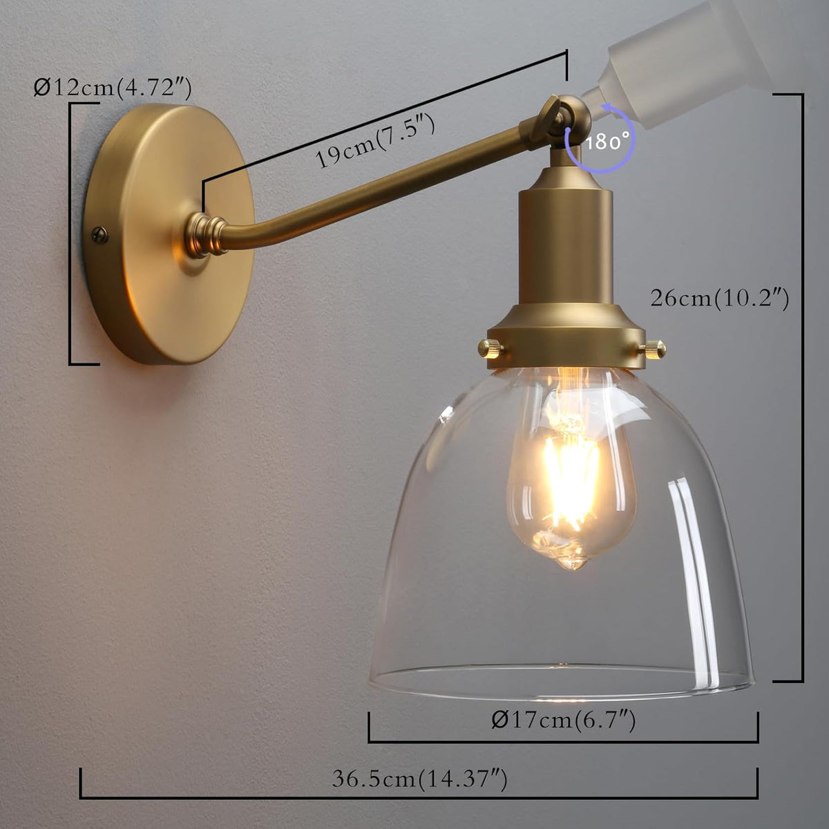 PERMO Industrial Vintage Slope Pole Wall Mount Single Sconce with 6.7" Oval Dome Clear Glass Shade Wall Sconce Light Fixture (Antique Gold)