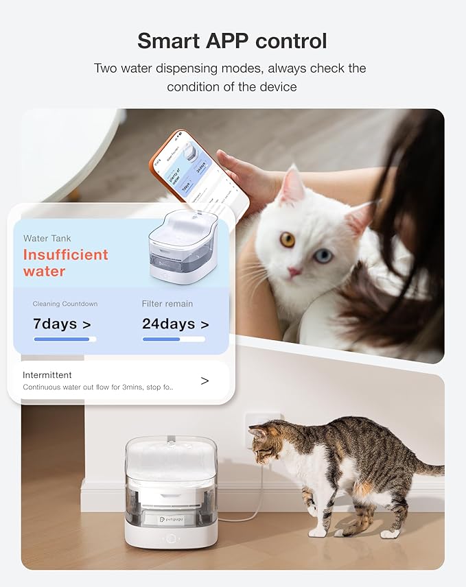 Cat Water Fountain, Automatic Water Dispenser, 2L Pet Water Fountain Transparent Water Tank, 8 Layers Filters Cat Fountain Dog Water Fountain Wireless Pump 2.4G WiFi PF1L
