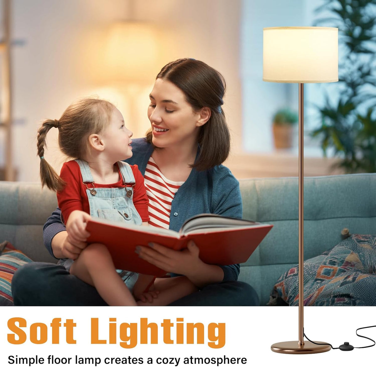 Ambimall 60'' Modern Floor Lamp with Shade, Tall Lamps for Living Room, Bedroom, Office, Dining Room, White Shade with Brown Pole(Without Bulb)