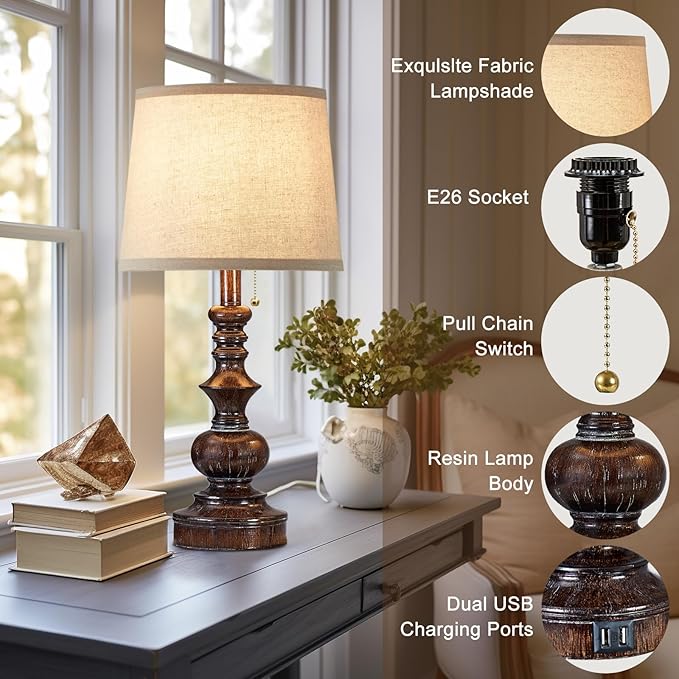 Vintage Bedside Table Lamps Set of 2 for Bedroom Nightstand Lamps with USB Charging Ports Rustic Farmhouse Small Table Lamp for Living Room End Tables Brown Wooden Finish, Pull Chain