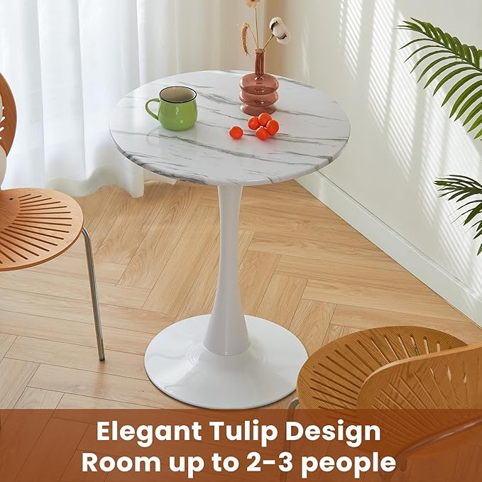 Round Dining Tulip Table for 2, Mid-Century Modern Table with Sturdy Metal Pedestal for Kitchen, Bistro, Cafe, Leisure (Faux Marble White, 24 INCH)