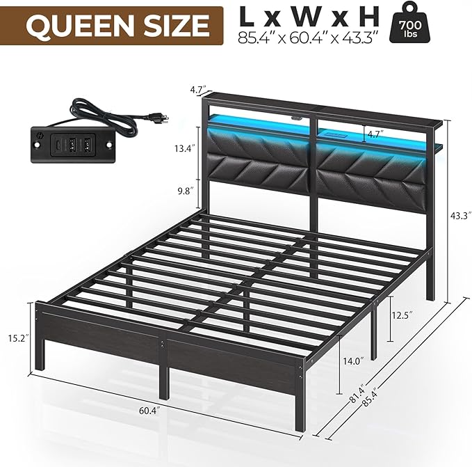 Seventable Queen Bed Frame with Charging Station & LED Lights, Upholstered Headboard with 2-Tier Storage Shelves, Metal Platform with Under Bed Storage, No Box Spring Needed, Easy Assembly, Black
