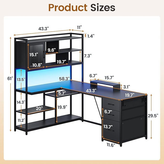 SEDETA L Shaped Computer Desk, 58'' Office Desk with 3 Drawers and Bookshelf, L Shaped Corner Desk with Storage Shelves and LED Light for Home Office, Gaming Desk, L Desk, Black