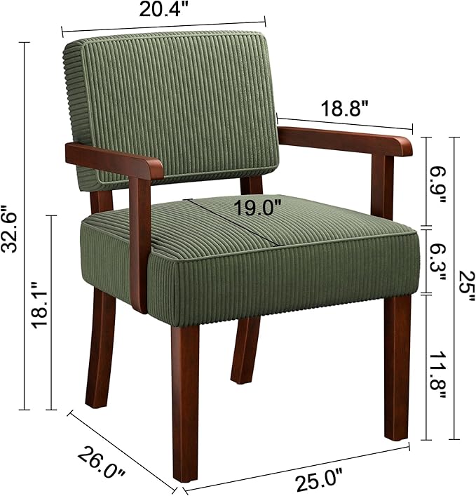 Corduroy Accent Chair, Mid Century Modern Armchairs with Solid Wood Frame, Oversized Reading Leisure Chair for Living Room, Bedroom (Corduroy Green, One Chair)
