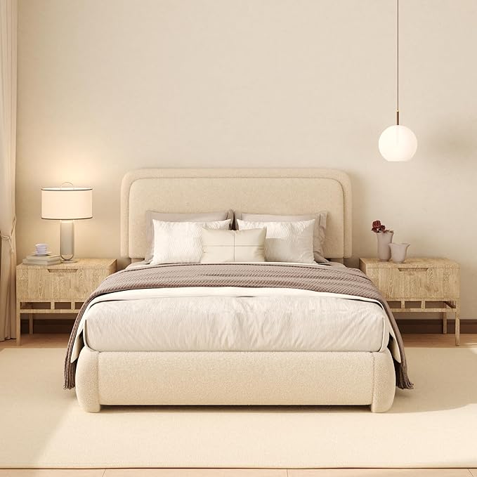 Full Boucle Platform Bed Frame with Height Adjustable Headboard, Modern Upholstered Cloud Bed, Sleek Curved Design, No Box Spring Needed, Easy Assembly, Noise Free, Beige