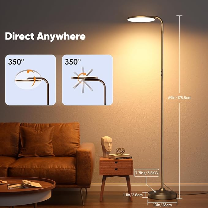 36W LED Floor Lamp, Super Bright Standing Lamp, Modern Stepless Dimmable Torchiere Tall Lamp with Remote Control, 350°Rotating Head Reading Floor Lamp for Living Room, Bedroom, Office - Brown