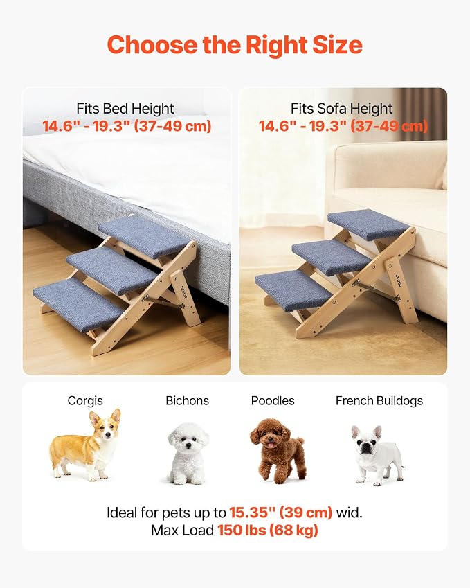 VEVOR Wood Pet Stairs, 3-Step Dog Stairs for Beds, Sofa & Cars, 150lbs Load Capacity, Floded Flat Design, Stable & Sturdy Cat & Dog Step Ladder for Small Medium Large Older Pet Puppy Essentials