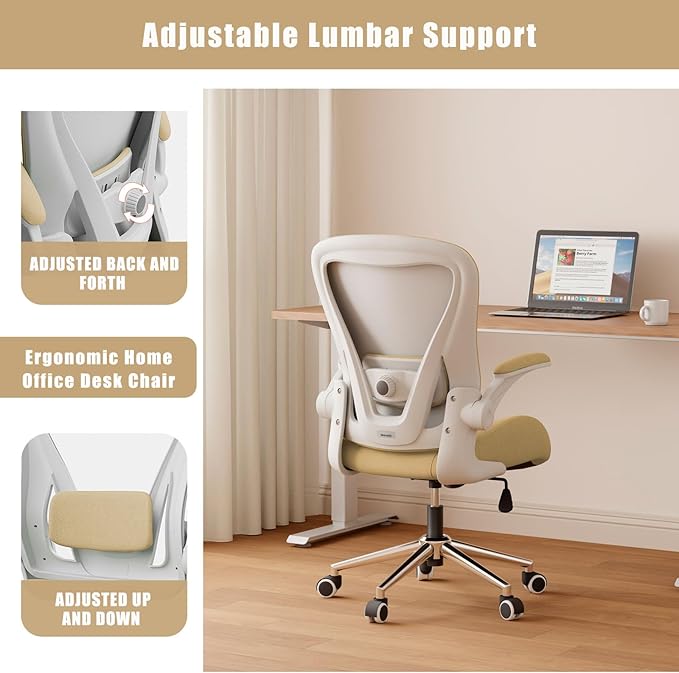 Kahki Ergonomic Office Desk Chair, Soft Fabric Thickened Curved seat Cushion with Adjustable Lumbar Support, Perfect Blend of Comfort and Good Looks, Ideal Chair for Home or Office, Khaki