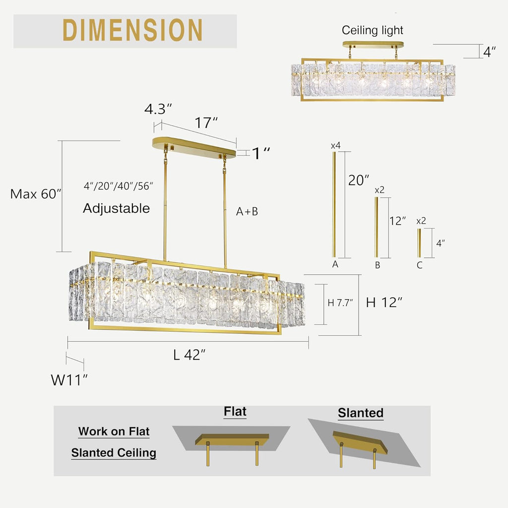 IKK Modern Rectangle Gold Crystal Chandeliers for Dining Room, 42" Large Rectangular Water Ripple Glass Island Light Fixture, Elegant Linear Lighting for Kitchen Island, Living Room, L42 x W11 x H12