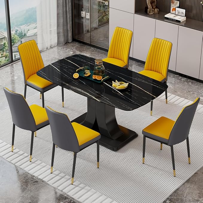 Modern Dining Table Set for 6, Marble Kitchen Table Chair Set for 6, Rectangular Kitchen Table with 6 Pu Leather Upholstered Chair for Dining Room (Black, Yellow)
