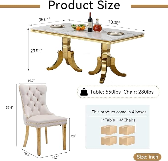 Goujxcy Faux Marble Dining Table Set for 4, Modern 5-Piece Dining Table Set with 4 Velvet Upholstered Chairs, 70" Large Long Faux Marble Kitchen Dining Room Table and Chairs with Stainless Steel Legs