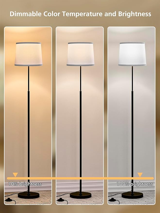 60" Modern Floor Lamp for Living Room Bedroom, Standing Lamp with White Linen Lampshade, Remote and Foot Switch, Tall Lamp with A19 9W 3000K-6000K Color Temperature 10%-100% Brightness Dimmable Bulb