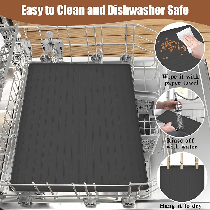24"x16" Large Dog Food Mat, Silicone Dog and Cat Mats for Food and Water Bowls, Waterproof Raised Edge Pet Feeding Mat for Contain Spills Protects Floors, Multiple Colors & Sizes for Pets, Black
