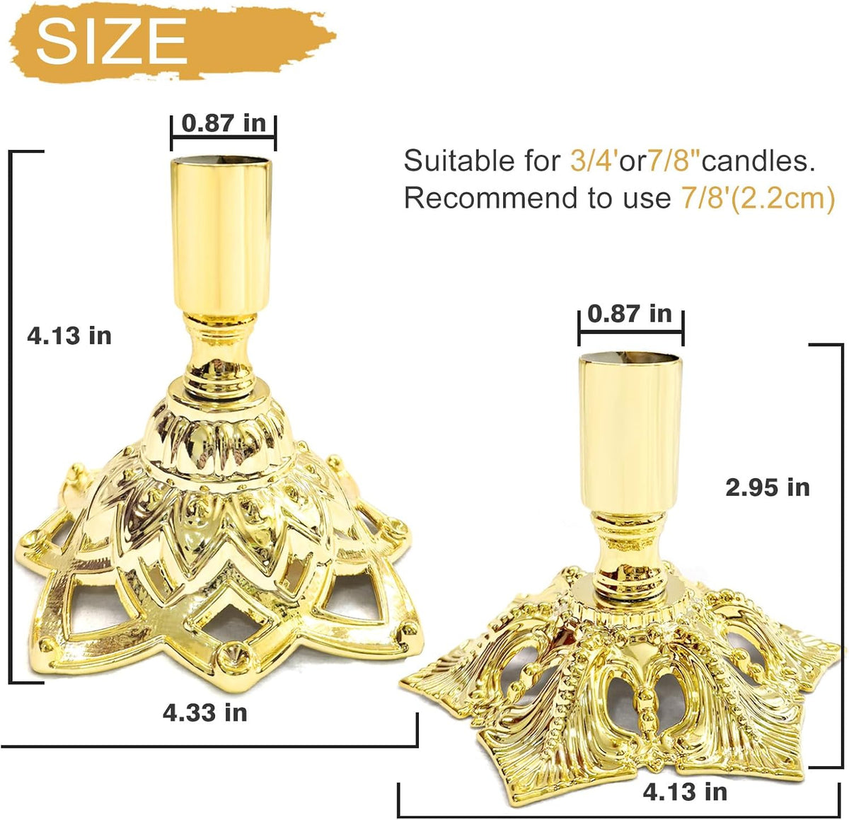 Candlestick Holders,Taper Candle Holder for Candlesticks Gold Plated Candle Metal Stick Candle Holders for Fireplace,Party, Dining,Wedding Decor,Fits 3/4 inch Thick Candle(Set of 2Pcs)