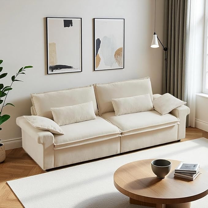 94 Inch Sofa, Oversized Couch with Wide Arms, Modern 3-Seater Sofa w/Throw Pillows, Chenille Fabric, Deep Seat Cushion, Easy Assembly, Comfy Couch for Living Room, Apartment, Office, Beige