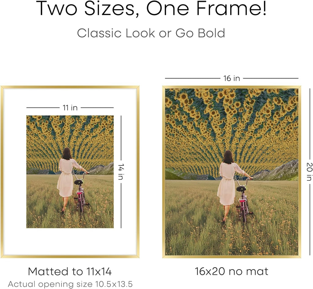 Homeforia 16 x 20 Picture Frame Gold, High End Metal 16x20 Poster Frames with Mat 11x14 Photo, 16 x 20 Gold Frame Matted to 11 by 14 Print, 20x16 Thin Hanging Frame, Tempered Glass, Wall Kit, Set of 1