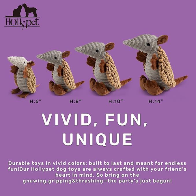 Hollypet Plush Dog Squeaky Toy Stuffed Armadillo Animal Pet Puppy Chew Toys with Clean Teeth for Small Medium Large All Breed Sizes Dogs, Light Brown, 8 in