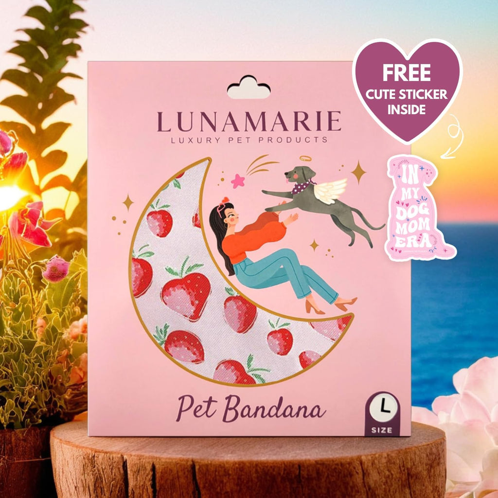 LunaMarie - Luxury Dog Bandanas - Cute Unique Designs | Premium & Silky Poly Fabric | 100% Handmade Custom Shape Dual Layered Small, Medium, Large Cat Scarf (Strawberry, Large)