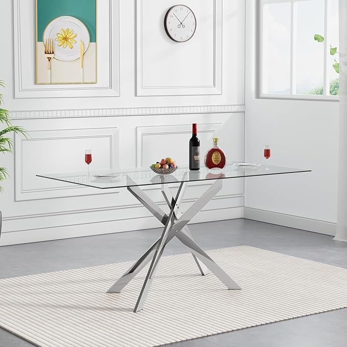 51.2" Glass Dining Table, Modern Kitchen Table for 4-6 People, Contemporary Rectangular Dining Room Dinner Tables with Clear Glass Top & Silver Metal X Legs for Kitchen Apartment