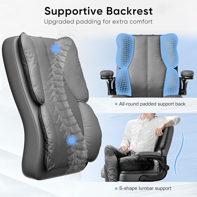 Executive Leather Office Chair, Computer Chair with Thick Cushion & Lumbar Support, Ergonomic Desk Chair with Adjustable Headrest & Armrests,Grey