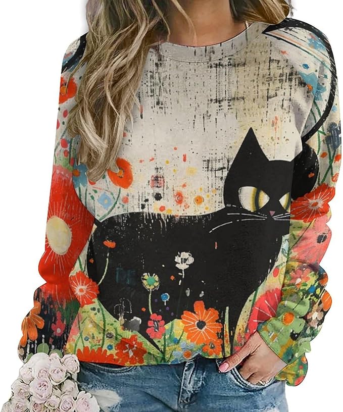 Long Sleeve Shirts for Women Cat Oil Painting Shirt 3D Graphic Sweatshirts Fall Pullover Crewneck Vintage Boho Tops