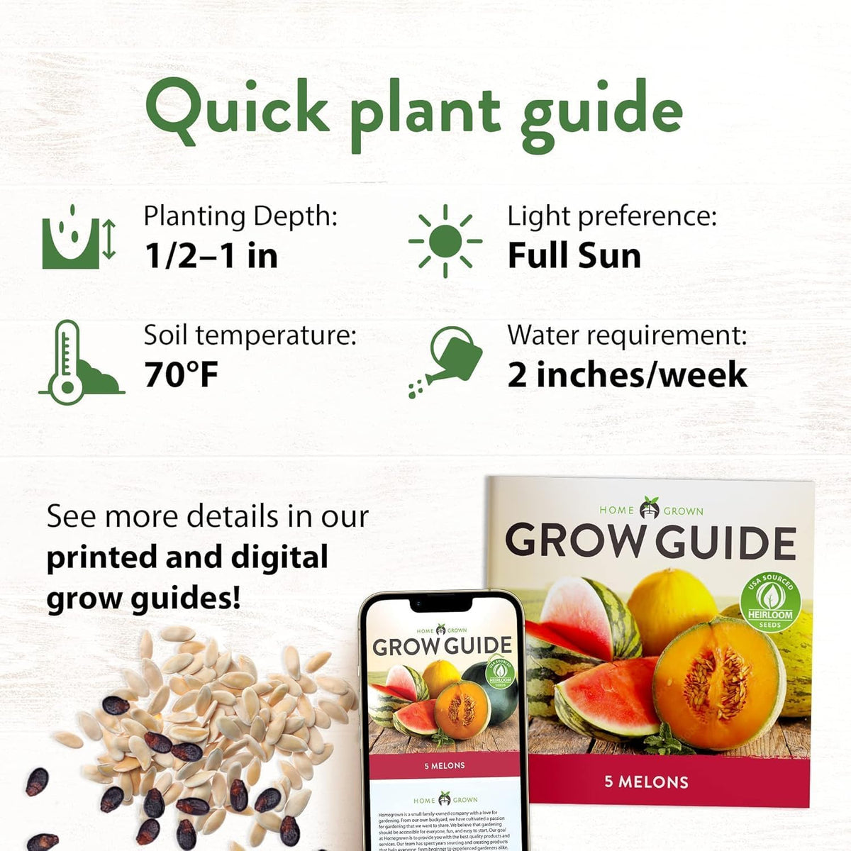 HOME GROWN 𝗨𝗦𝗔 𝗣𝗥𝗘𝗠𝗜𝗨𝗠 Melon Seeds Variety Pack 5 𝗡𝗢𝗡-𝗚𝗠𝗢 Heirloom Vegetable Seeds, Watermelon Cantaloupe Honeydew Sugar Baby & Melon, High Germination for Planting Home Garden Indoors