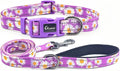 Dog Collar Leash Set, Floral Pattern, with Safety Reflective Strips, 5 ft Matching Leash, Neoprene Padded Handle, Adjustable 4 Sizes for Small Medium Large Dogs.(XS, Purple Daisy)