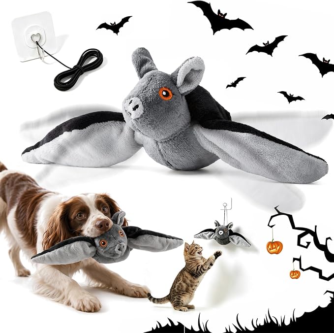 Flapping Bat Dog Toy, Flying Bat Toy for Dogs & Cat with Chirping & Flapping Wings, Interactive Rechargeable Bat Toy, Hanging Solo Play & Wand Compatible，2PCS