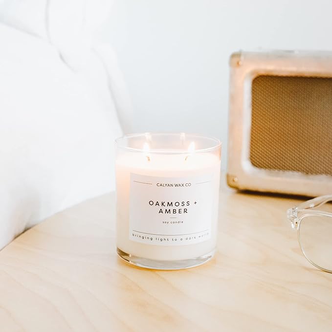 Calyan Wax Co. Oakmoss & Amber 2 Wick Scented Candle - 37 Hour Burn - Luxury Non Toxic Soy Wax Candles - Long Lasting Large Glass Jar Candle for Home - 8.8oz