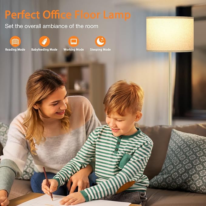 Ambimall 60'' Modern Floor Lamp with Remote, Tall Lamps for Living Room, Bedroom, Office, Dining Room, Beige Shade with Gold Pole(Included Bulb)