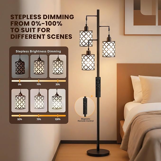 New Upgraded 72" Tall Dimmable Floor Lamp with 3 x 1100LM 12W Bright LED Bulbs, Farmhouse Standing Lamp with Remote Control, Industrial Tree Pole Floor Lamps for Living Room, Bedroom, Office - Brown