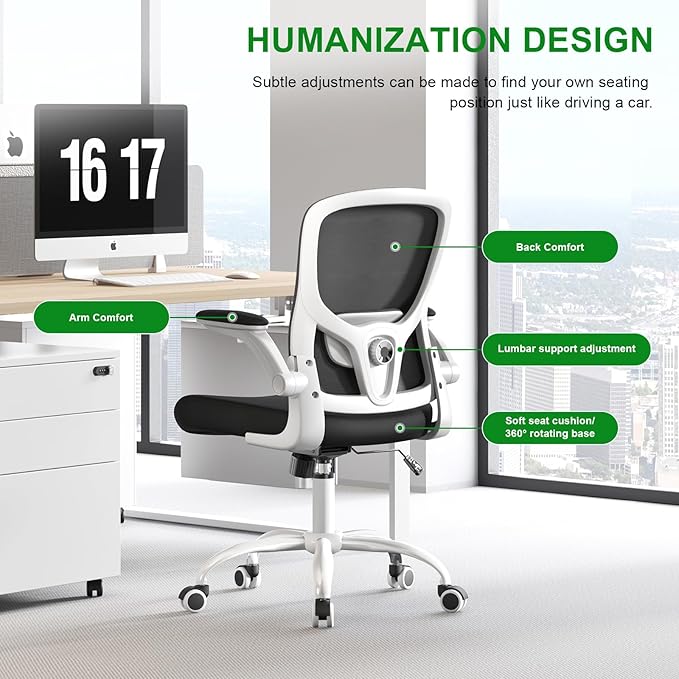 Ergonomic Office Chair High Back with Adjustable Lumbar Support, Mesh Computer Chair,Headrest and Flip-Up Arms for Executive, 90-120° Tilt Swivel Rolling Task Chairs(White-black6076)