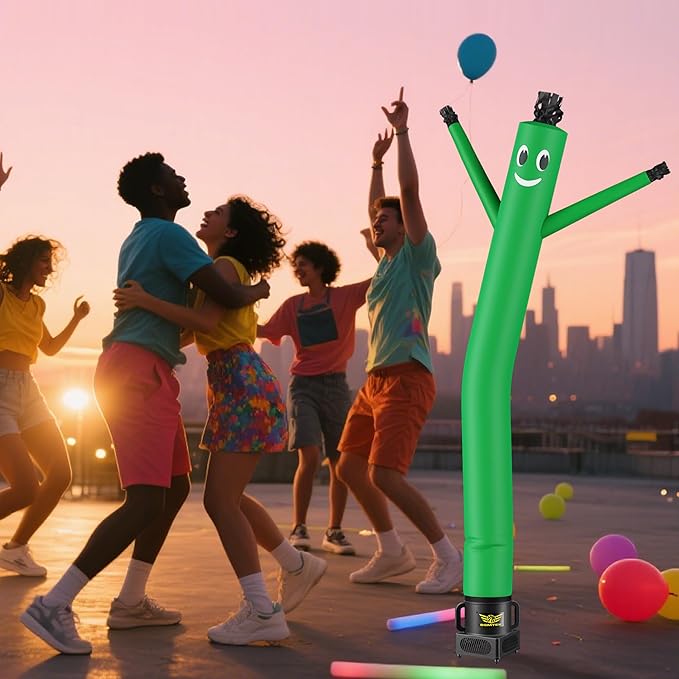 7FT Air Inflatable Waving Tube Man Set with Blower & Wheel, Air Puppet Dance Artist for Mall Opening, Amusement Park, Outdoor Decoration，Green