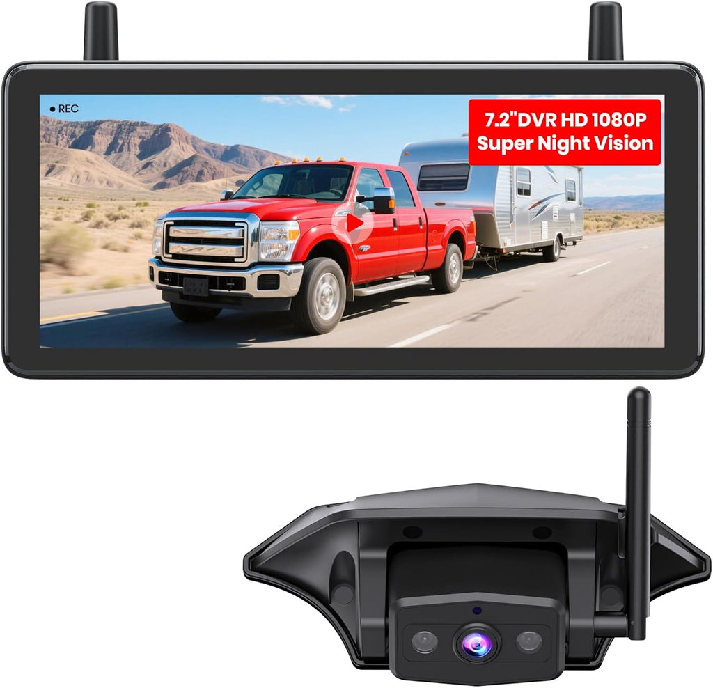AUTO-VOX RV Backup Camera Wireless Plug and Play: Pre-Wired for Furrion System, IR Night Vision, HD 1080P 7.2'' DVR 3-Channels, Stable Signal & Wide Angle Rear View Camera for Trailer Camper Motorhome