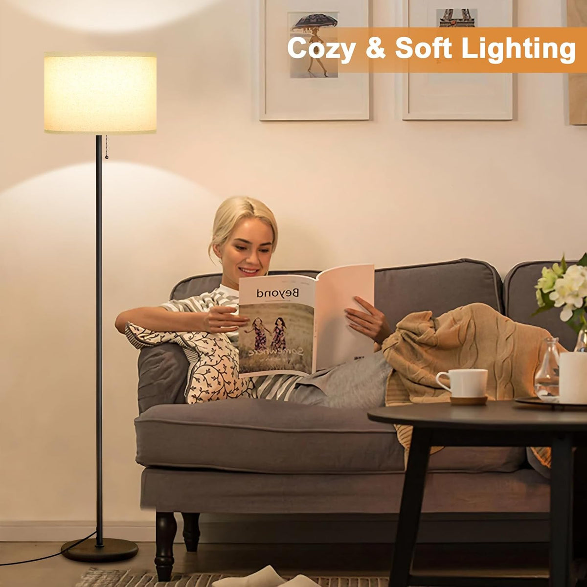 Ambimall Floor Lamps for Living Room with 3 Color Temperatures Bulb & Pull Chain Switch, 60" Modern Standing Floor Lamp for Bedroom Kids Room Study Room（Dark Beige Shade & Black Pole）