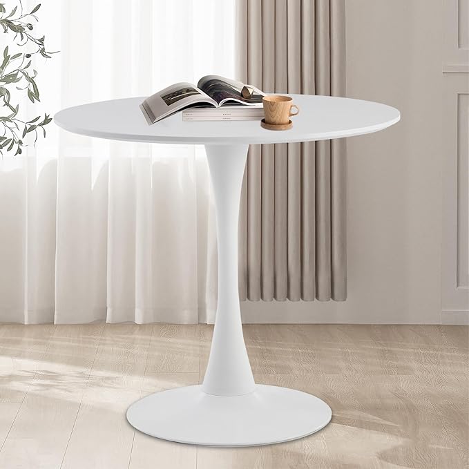 Round Dining Table,31.5”Kitchen Table for 2-4 People,MDF Table Top with Metal Pedestal Base,Tulip Design for Kitchen,Dining Room,Living Room,Leisure,White