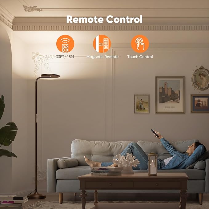 36W LED Floor Lamp, Super Bright Standing Lamp, Modern Stepless Dimmable Torchiere Tall Lamp with Remote Control, 350°Rotating Head Reading Floor Lamp for Living Room, Bedroom, Office - Brown