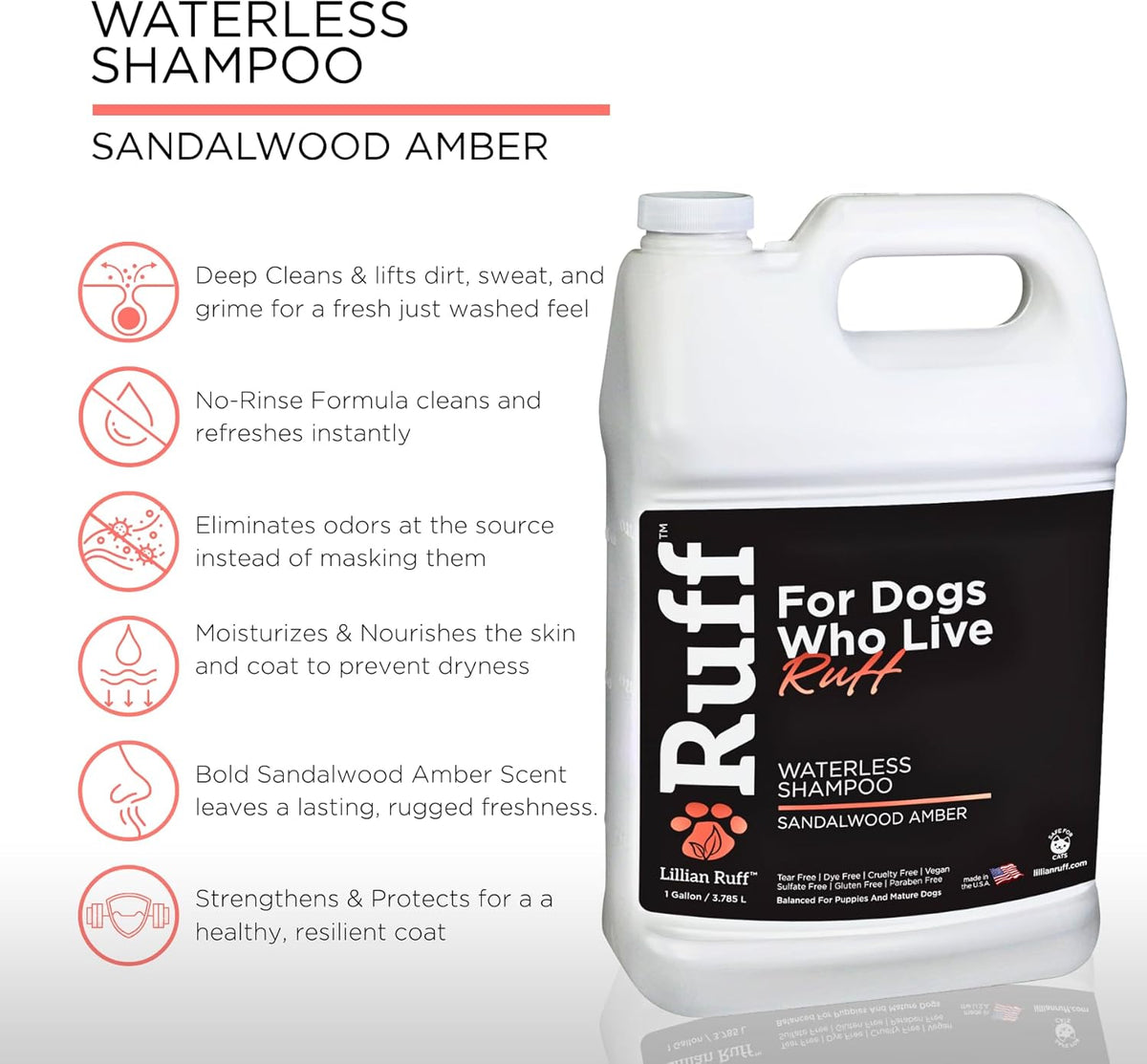 Ruff by Lillian Ruff No-Rinse Waterless Dog Shampoo Spray – Sandalwood Amber – Cleans, Conditions, Detangles & Deodorizes – Puppy & Cat Safe – USA Made (Gallon)