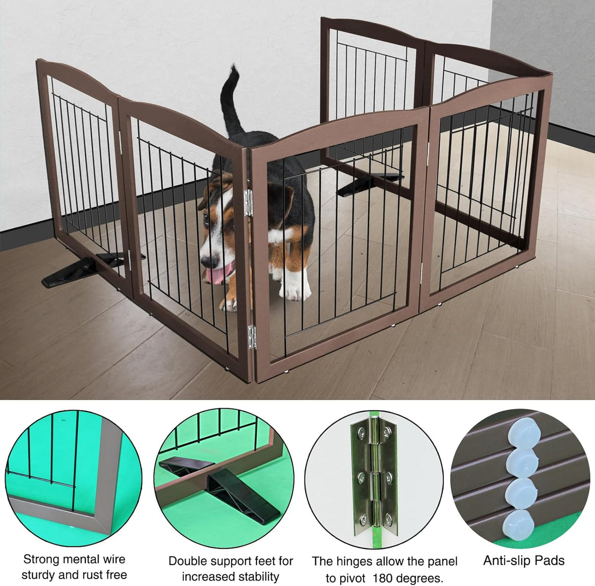 ZJSF Freestanding Dog Fence Indoor, Foldable Dog Gate for Doorways, Stairs or Hallways, Sturdy Wood Extra Wide Pet Gate with Support Feet for The House, Brown, 24 "Height-6 Panels