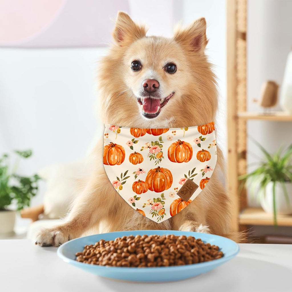 Fall Dog Bandana Pumpkin Floral Pet Scarf Double-Sided Adjustable Triangle Pet Neckerchief Dog Bib for Autumn Harvest Thanksgiving Dog Cat Birthday Costume Accessories