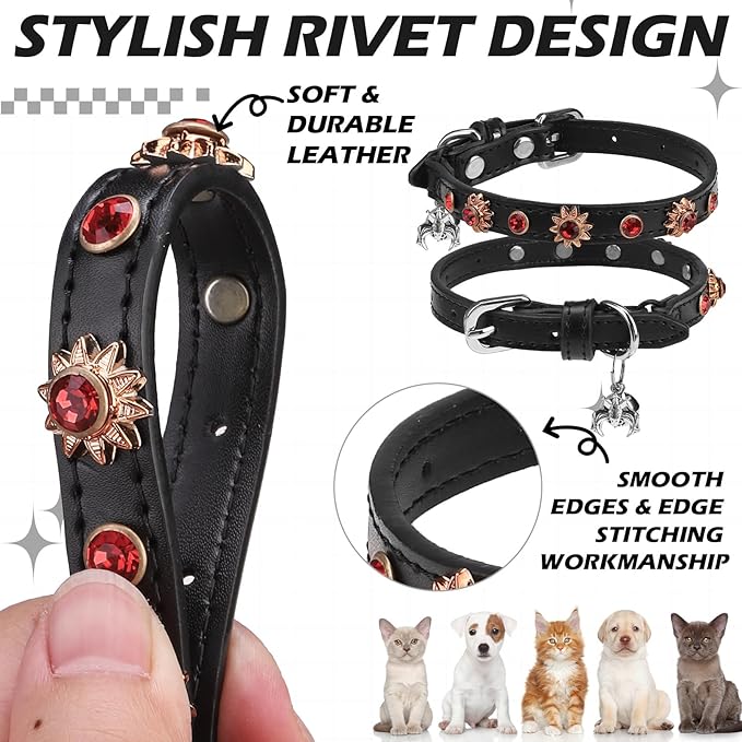 EXPAWLORER Halloween Leather Cat Collar - Adjustable Pet Collar with Rivet Spike for Girl Boy Cats, Punk Accessories with Bell & Durable D-Ring,Red Diamond Sunflower